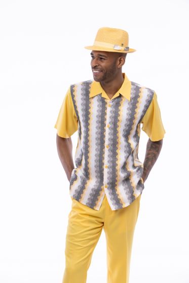 Montique Men's 2 Piece Short Sleeve Walking Suit - Wavy Stripe Pattern