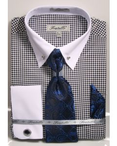 Fratello Men's 100% Cotton French Cuff Dress Shirt Set - Varied Patterns w/ Collar Bar