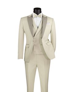 Vinci Men's 3 Piece Wool Feel Slim Fit Suit - Contrasted Lapel