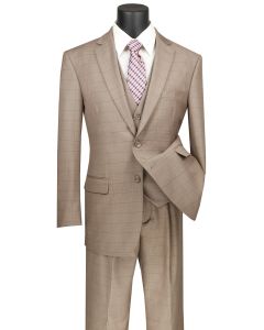 Vinci Men's 3 Piece Wool Feel Executive Suit - Windowpane