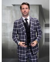 Statement Men's 3 Piece Modern Fit 100% Wool Suit - Windowpane Plaid