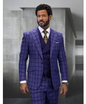 Statement Men's 3 Piece Modern Fit 100% Wool Suit - Plaid with Solid Vest